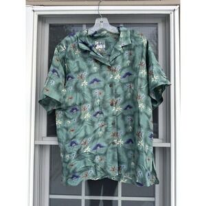 Vintage Silk Traders Hawaii by Sunrise Green USA 100% Silk Men Hawaiian Shirt XL